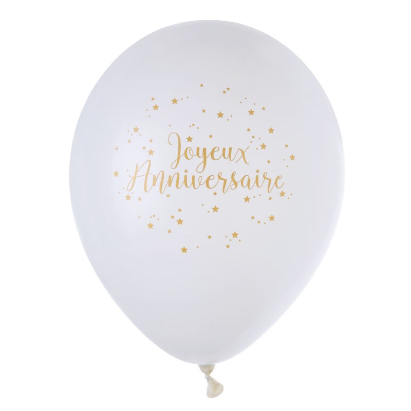 8 Ballons Joyeux Anniversaire Blanc Et Or Elegants Dragees Anahita