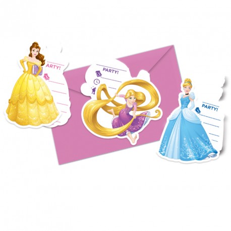 6 Cartes d'invitation Princesses Disney + Enveloppe personnalisées dans un thème féérique.