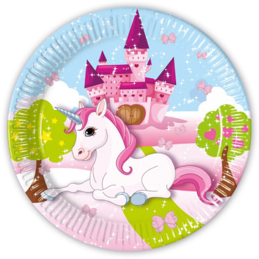 8 Assiettes Licorne 23 cm idéal pour une décoration de goûter d'anniversaire.