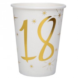 10 Gobelets Anniversaire 18 ans blanc et or pour une décoration de table d’anniversaire unique et stylée.