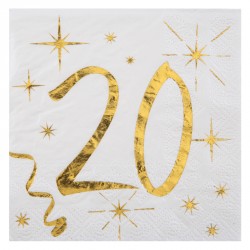 20 Serviettes Anniversaire 20 ans blanc et or pour une table originale et élégante à l’occasion.