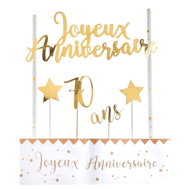 Cake Topper "70 Ans" Noir Et Or - Décorations Anniversaire En Carton Scintillant, Dimensions 16x17 Cm