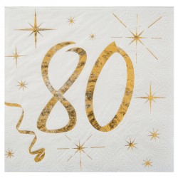20 Serviettes Anniversaire 80 ans blanc et or pour fêter comme il se doit vos 80 ans.