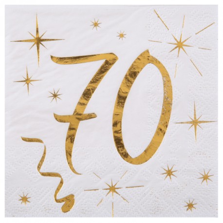 20 Serviettes Anniversaire 70 ans blanc et or pour faire de vos 70 ans une fête réussie dans les moindres détails.