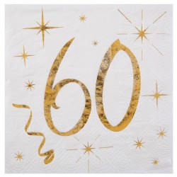 20 Serviettes Anniversaire 60 ans blanc et or pour compléter de façon élégante la décoration de vos tables.