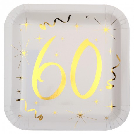 10 Assiettes Anniversaire 60 ans blanc et or, une décoration de table festive et stylée pour la fête de vos 60 ans.