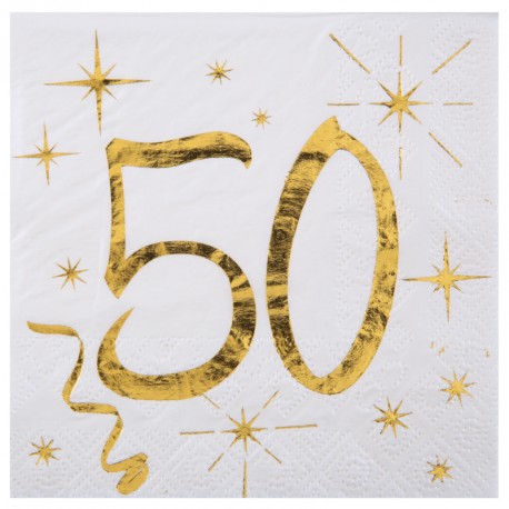 20 Serviettes Anniversaire 50 ans blanc et or, un bon compromis entre praticité et esthétique.
