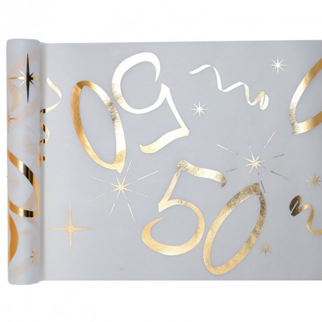 Chemin de table Anniversaire 50 ans blanc et or pour décorer votre salle de fête de manière féerique.