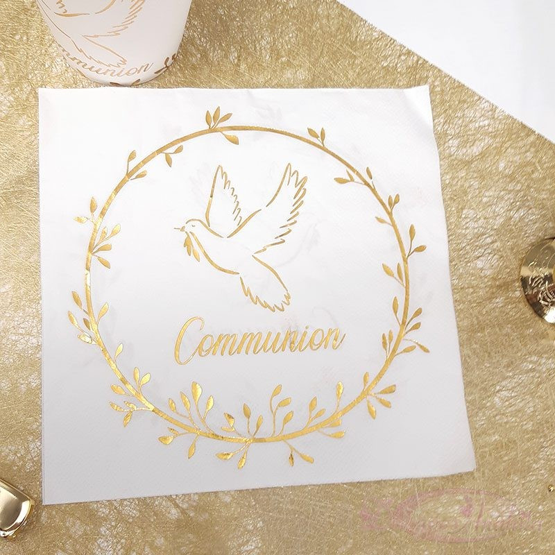 20 Serviettes Papier Communion - Blanc Et Or, Motif Robe, Baptême