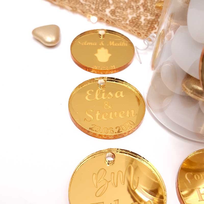 étiquettes Rondes miroir Rose Gold personnalisées en exclu chez Dragées  Anahita