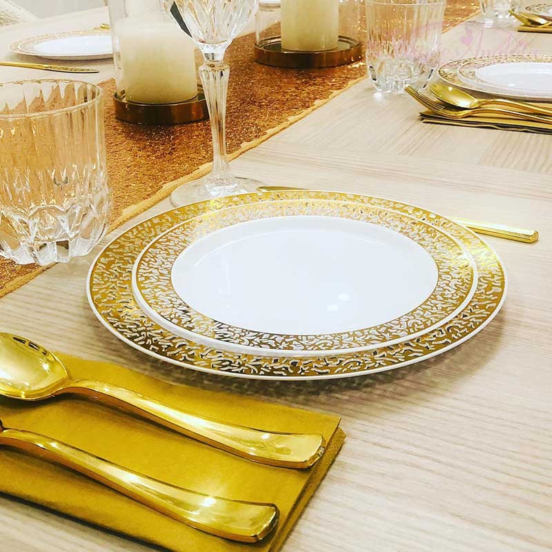 60pcs assiettes en plastique doré, assiettes à dîner à bords dorés