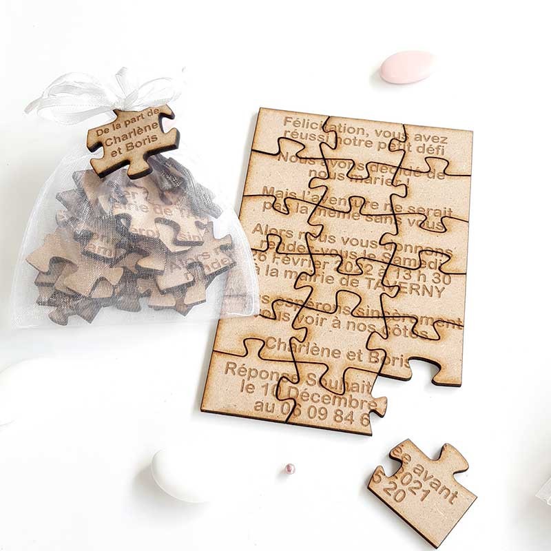 Faire part Original en bois puzzle pour mariage - Dragées Anahita