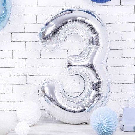 Ballon alu chiffre 3 XXL Argent pour anniversaire