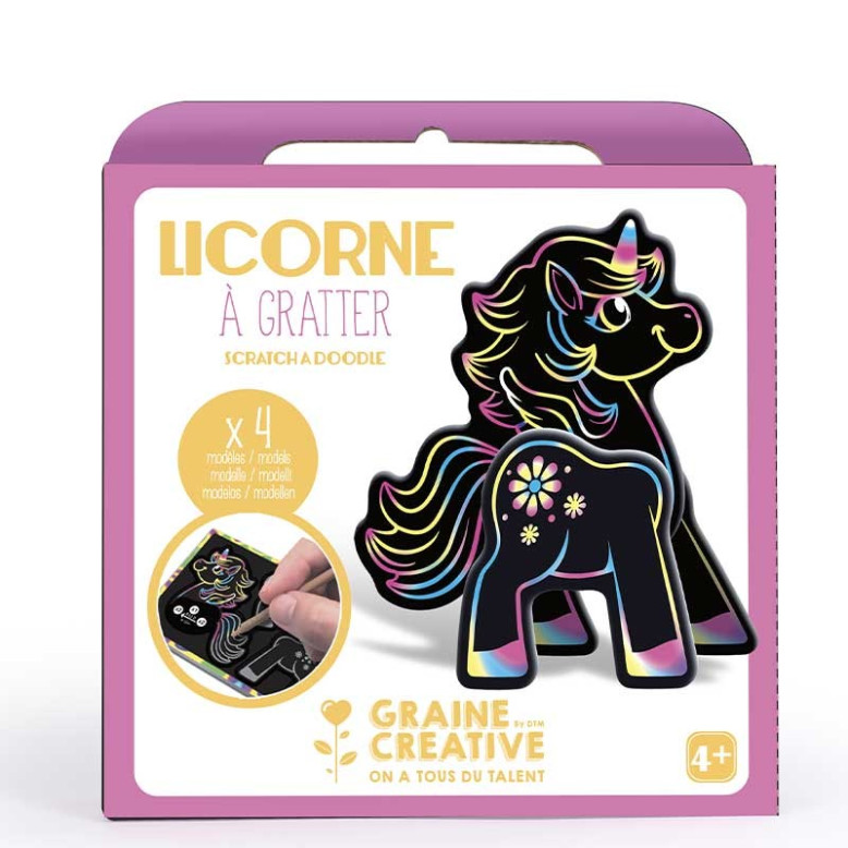 Boite 4 cartes a gratter 3d assorties design licorne Boite 4 cartes a gratter 3d assorties design licorne