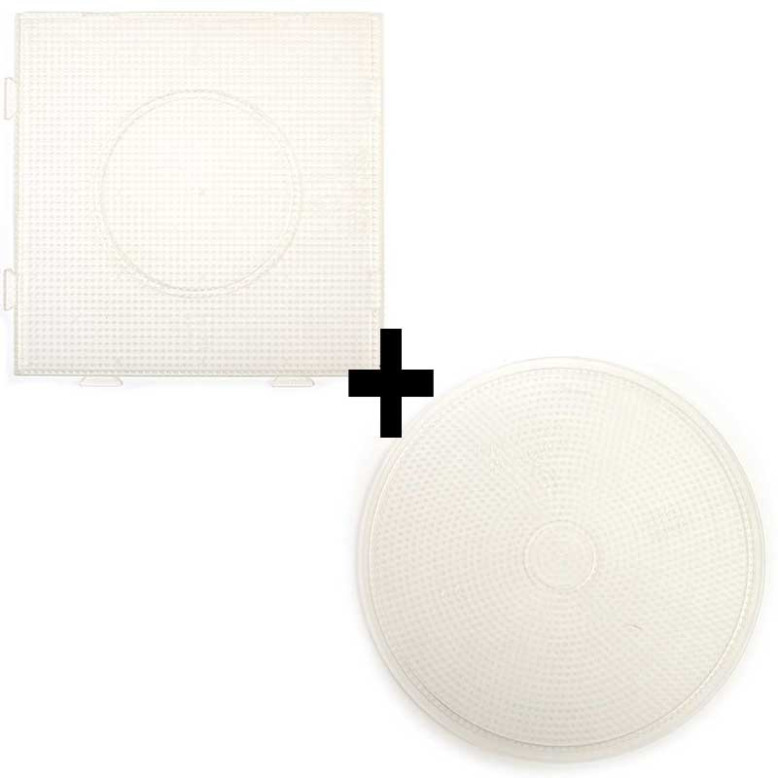 1 plaque Ronde 15cm + 1 plaque Carrée 14cm pour mini perles à repasser 1 plaque Ronde 15cm + 1 plaque Carrée 14cm pour mini perles à repasser