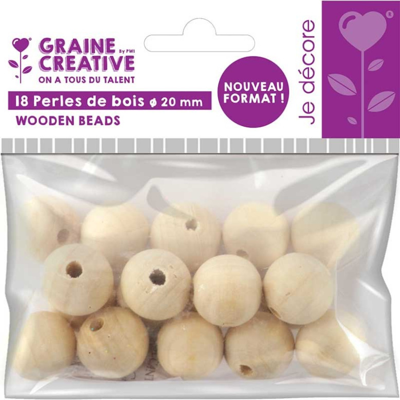 Sachet de 18 perles de bois 20 mm Sachet de 18 perles de bois 20 mm
