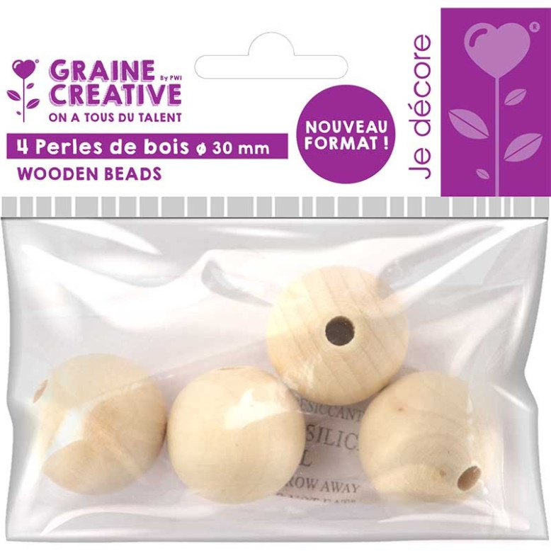 Sachet de 4 perles en bois 30 mm Sachet de 4 perles en bois 30 mm