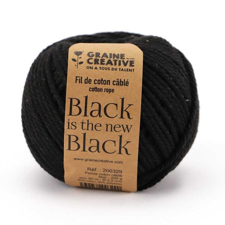 Pelote de coton câblé noir 2,5 mm-200 gr Pelote de coton câblé noir 2,5 mm-200 gr