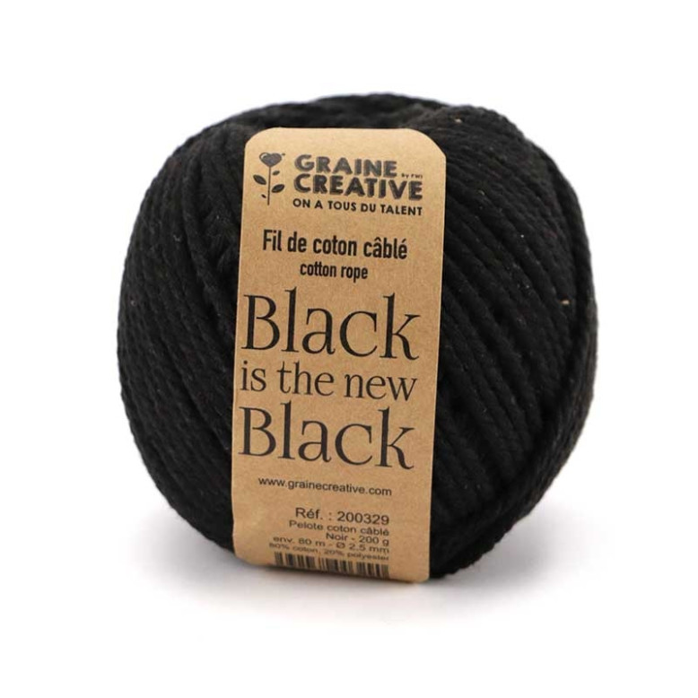 Pelote câblé noir en coton 2,5 mm-200 gr Pelote câblé noir en coton 2,5 mm-200 gr