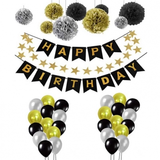Kit ballon Happy Birthday Noir et Or 35 pièces