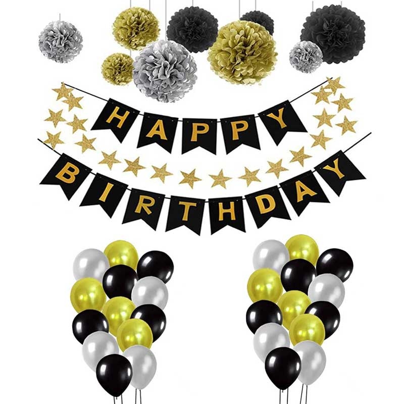 Kit ballon Happy Birthday, noir, argent et or pour anniversaire