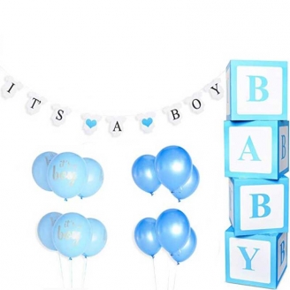 Cube BABY bleu + guirlande "it's a Boy" + ballons
