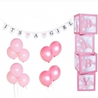 Cube BABY Rose + guirlande "it's a Girl" + ballons
