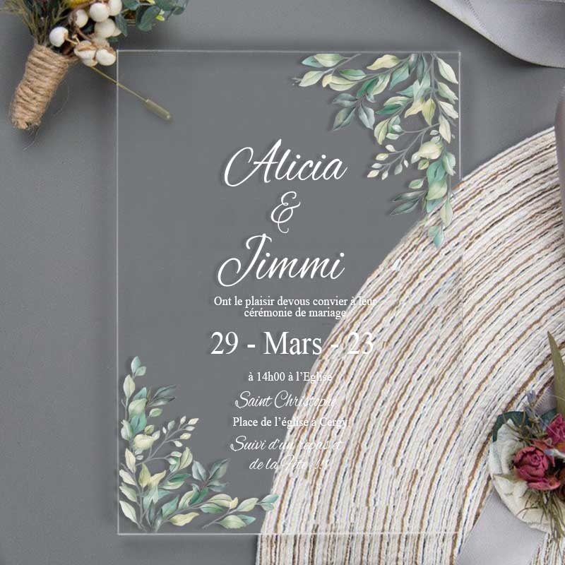 Faire part de mariage en plexiglas transparent thème nature olivier-  Dragées Anahita