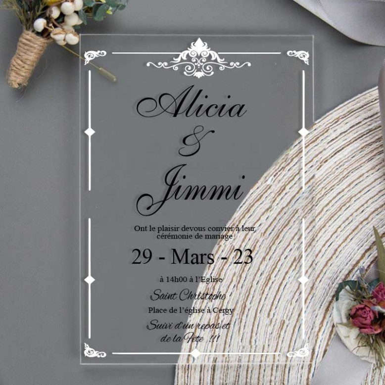 Faire part de mariage en plexiglass baroque
