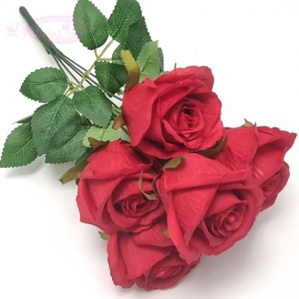 Bouquet de 6 roses rouges artificielles avec feuilles