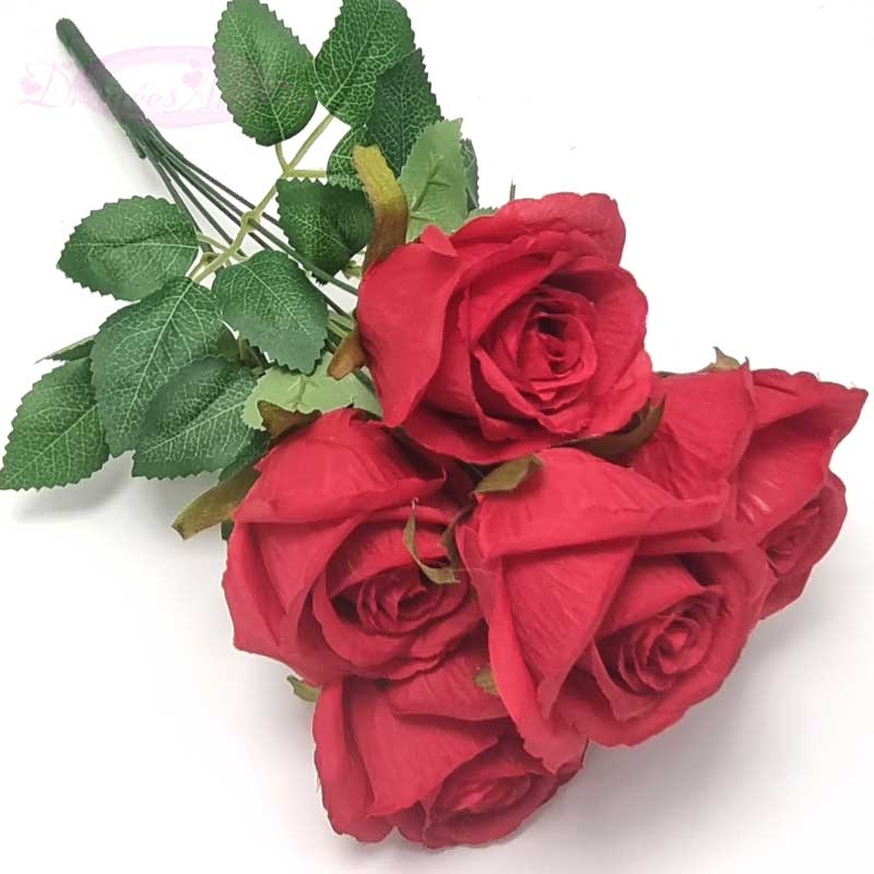 Bouquet de 6 roses rouges artificielles avec feuilles - Dragées Anahita