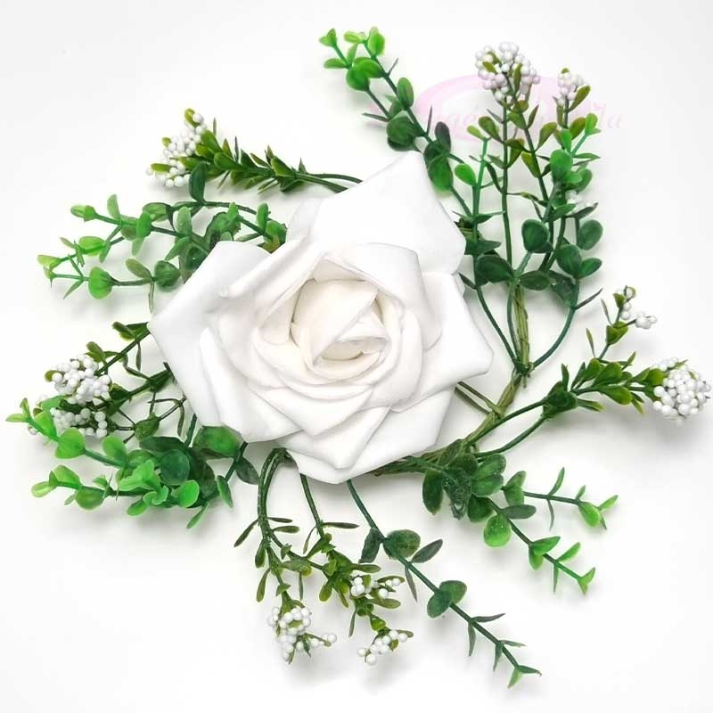 6 roses blanches et feuillage artificielles pour centre de table - Dragées  Anahita