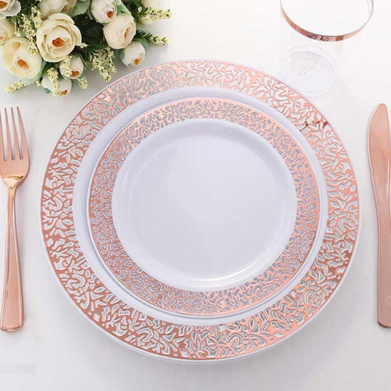10 assiettes ajourées rose gold rigides réutilisables 23cm
