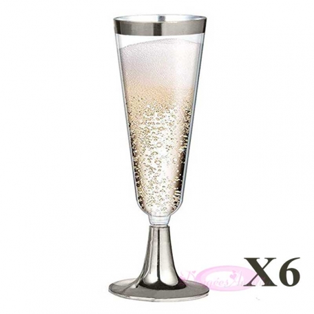 6 Flûtes à Champagne Argent en plastique 14cl