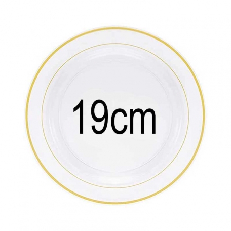 10 petites assiettes transparentes liseré Or 19cm