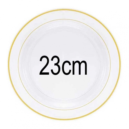10 petites assiettes transparentes liséré Or 23cm