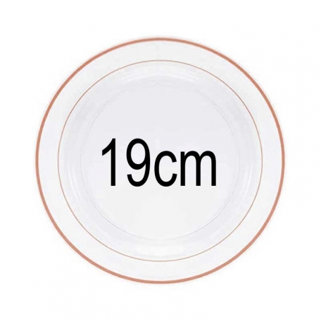 10 petites assiettes transparentes liséré Rose Gold 19cm