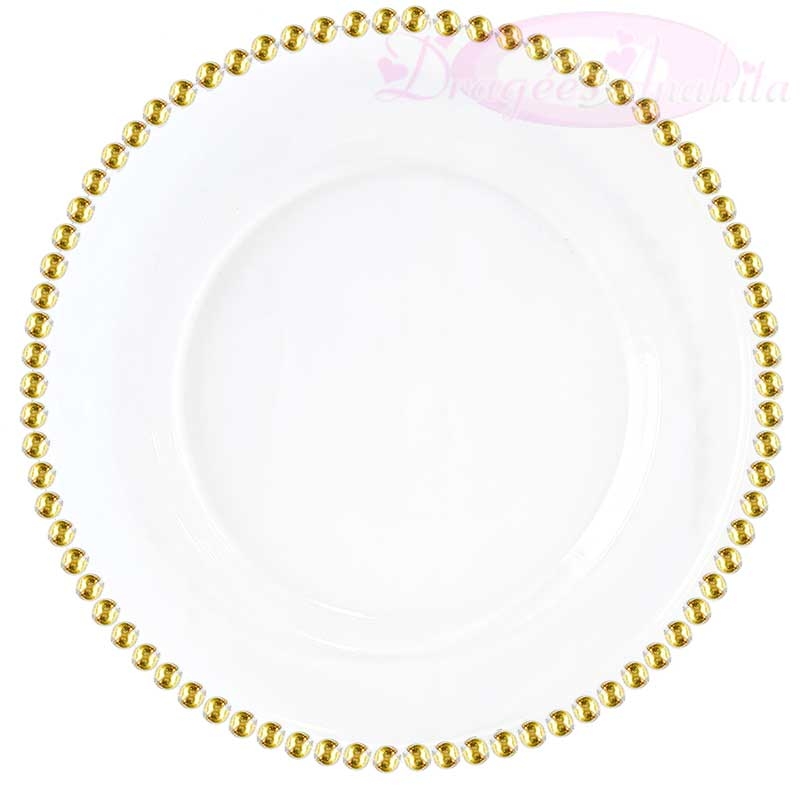 Grande assiette blanche en plastique avec perle Or - Dragées Anahita