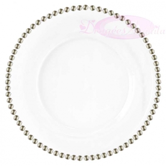 6 grandes assiettes Blanches perle Argentées en Plastique