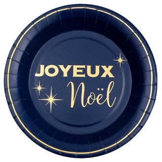 10 Assiettes Joyeux Noël Bleu marine et Or pour une décoration de Réveillon féérique.