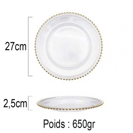  6 assiettes en verre avec perle Or de 27 cm pour mariage