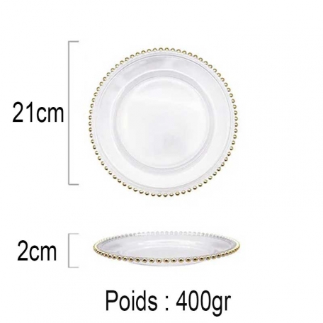  6 assiettes en verre avec perle Or de 21 cm pour dessert