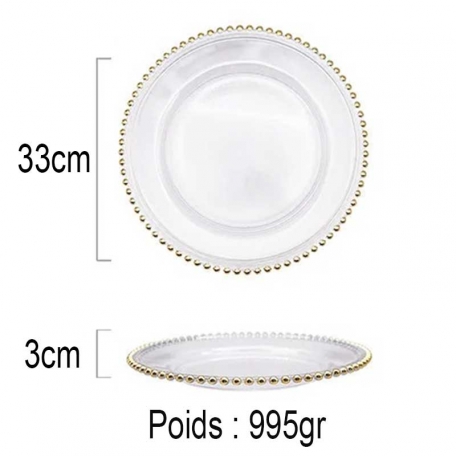 6 assiettes de présentation ou chargeur en verre avec perle Or de 33cm