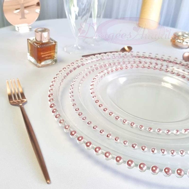Lot de 6 assiettes en verre avec perle Rose Gold Lot de 6 assiettes en verre avec perle Rose Gold
