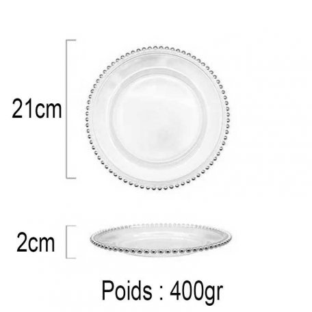 Lot de 6 assiettes en verre 21 cm avec perle Argent