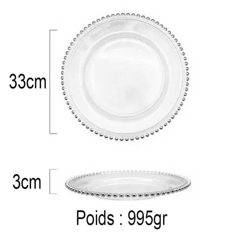 Lot de 6 assiettes chargeur en verre avec perle Argent