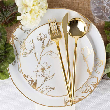 Assiette florale dorée en plastique réutilisable 19 cm pour mariage chic