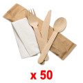 50 Kits couteaux bois + fourchettes + cuilleres + serviette 2 plis