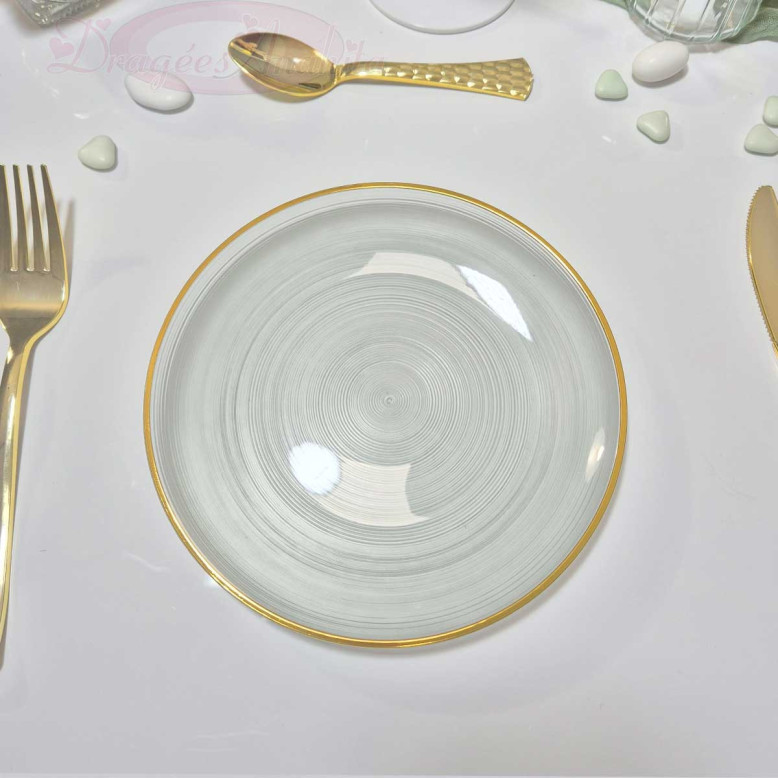 10 Assiettes à Dessert Sauge Liseré Or 19 cm - Dragées Anahita