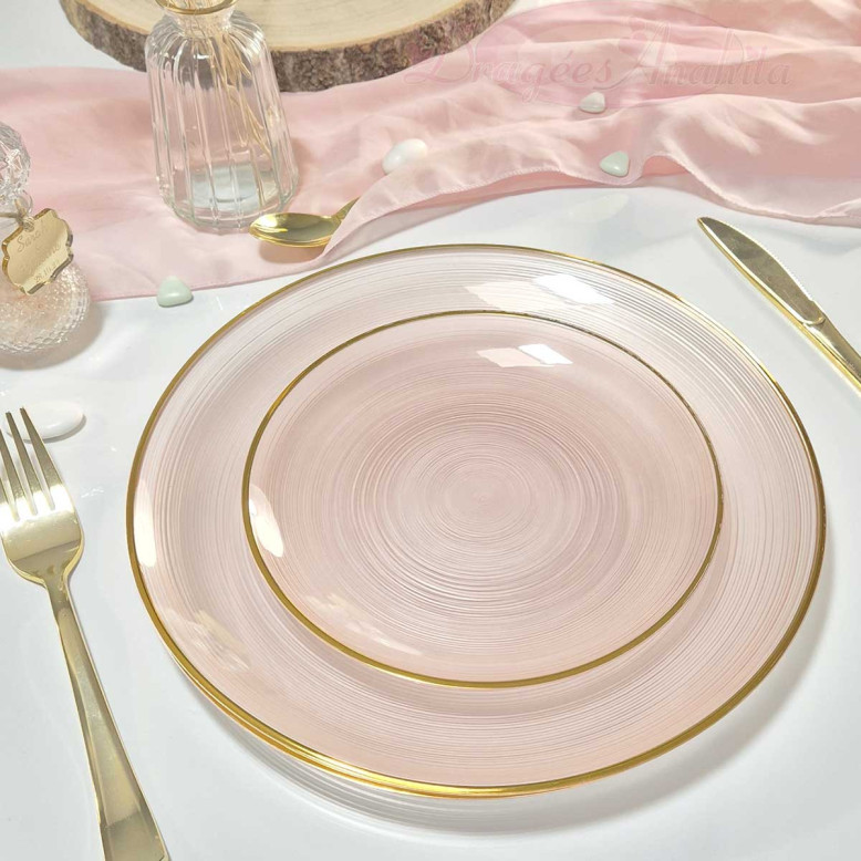 Assiettes Rose Pâle Liseré Or 26 cm – Lot de 10 - Dragées Anahita